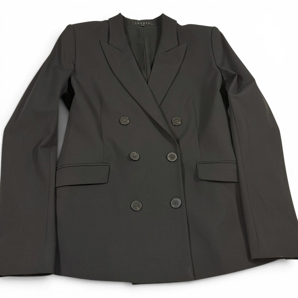 Theory Womens Black Double Breasted Wool Lycra Stretch Blazer Jacket Size 8 - Picture 4 of 14